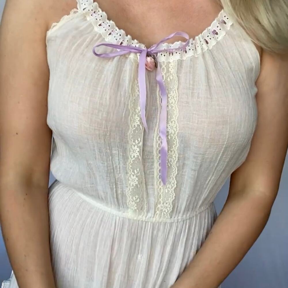 Vintage 80s 90s Cream Milkmaid Ribbon Bow Cotton Cottagecore Peasant Maxi Dress - Picture 4 of 5